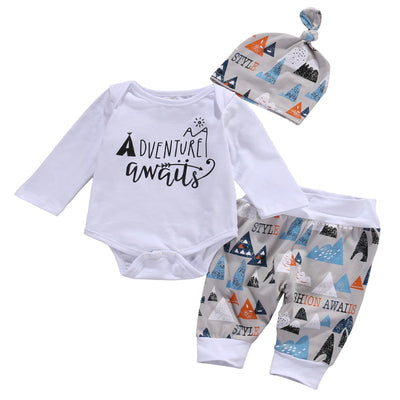 3 Pcs Toddler Baby Boys Clothing Sets  Infant Babies Letter Bodysuits onesie+Color Blocks Pants +Beanie Hat Outfits Set Clothes - Babies One