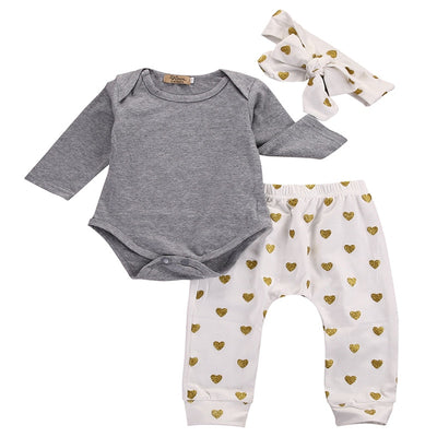 3pcs Kid NewBorn Baby Girl Infant Kid Set Babies  Gray Bodsuit onesie+Heart Dots Pant +Headband Outfit Sets Clothing - Babies One