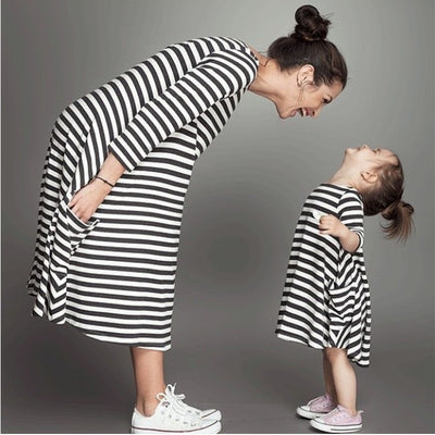 Fashion mom and kids couple look stripe family matching outfits Baby Girls clothes dress mother daughter Children dress clothing - Babies One