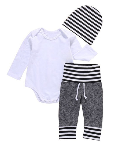 3 Pcs Newborn Toddler Kids Baby Boys Outfit Clothes Solid White Bodysuit Onesie+ Pants+Hat  Set Clothing - Babies One