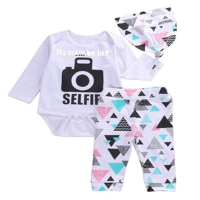 3 Pcs Newborn Baby Boy Girl Selfie Camera Clothing Set Infant Babies Bodysuit Onesie+Hat+Triangle Blocks Long Pants+Hat 3pcs Set - Babies One