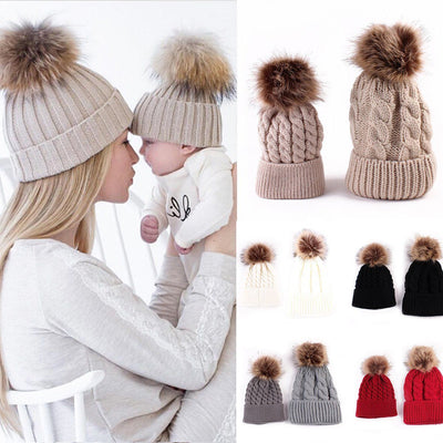 2PCS set Family Hat Infant Winter Knit Crochet Caps Faux Fur Beanie Hat Mother Daughter Son Baby Boy Girl skullies ski Cap - Babies One