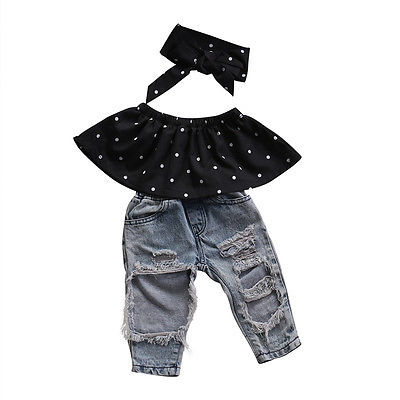 Infant Baby Girls Clothes Sets Dot Sleeveless Tops Vest Hole Denim Pants Headband 3pcs Clothing Set Baby Girl - Babies One