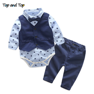 Top and Top Autumn Fashion infant clothing Baby Suit Baby Boys Clothes Gentleman Bow Tie Rompers + Vest + pants Baby Set - Babies One