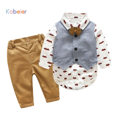 Newborn Boy Clothing Sets Cotton Gentleman 2018 Autumn Spring Fashion Plaid Rompers + Jeans + Vest Baby Clothes 0-24M - Babies One