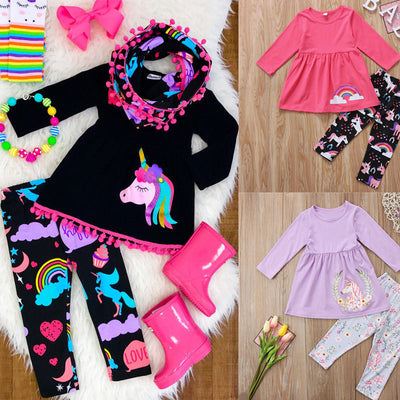 Unicorn Girls Clothing Sets Family Clothes Sets Kids Baby Girls Outfits Clothes Long Sleeve T Shirt Top+ Leggings Children 2Pcs - Babies One