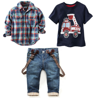 2018 sets of clothes for spring suit boy's long sleeve plaid shirt + jeans + Vehicle Printing 3 pcs set  BCS203 - Babies One