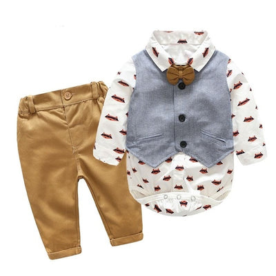Newborn Boy Clothing Sets Cotton Gentleman 2018 Autumn Spring Fashion Plaid Rompers + Jeans + Vest Baby Clothes 0-24M - Babies One