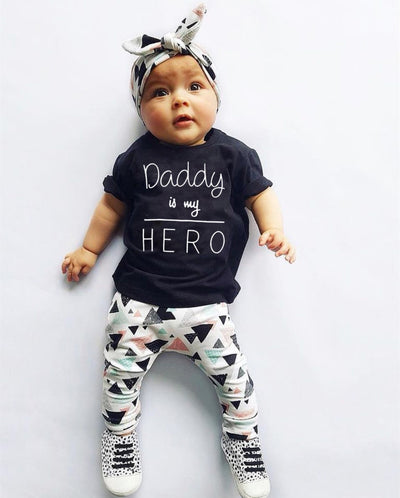 Summer Newborn Infant Baby Girl Clothes Daddy is my Hero Short Sleeve T-shirt Tops+Pants+Headband Toddler Outfits Set - Babies One