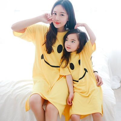 Famli 1pc Mother Daughter Matching Sleep Dress Family Smile Face Summer Short Sleeve Fashion Cotton Nightgown for Mom Baby Girl - Babies One