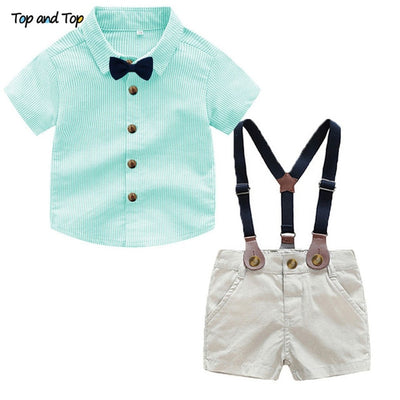 Summer style baby boy clothing set newborn infant clothing 2pcs short sleeve t-shirt + suspenders gentleman suit - Babies One