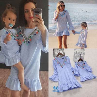 Family Matching Outfits  Mother Daughter Women Kids Baby Girls Striped Boho Matching Dress Clothes - Babies One